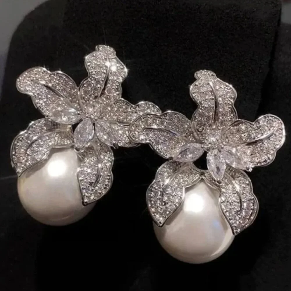 Anthropologie Pave Crystal Flower Pearl Earrings